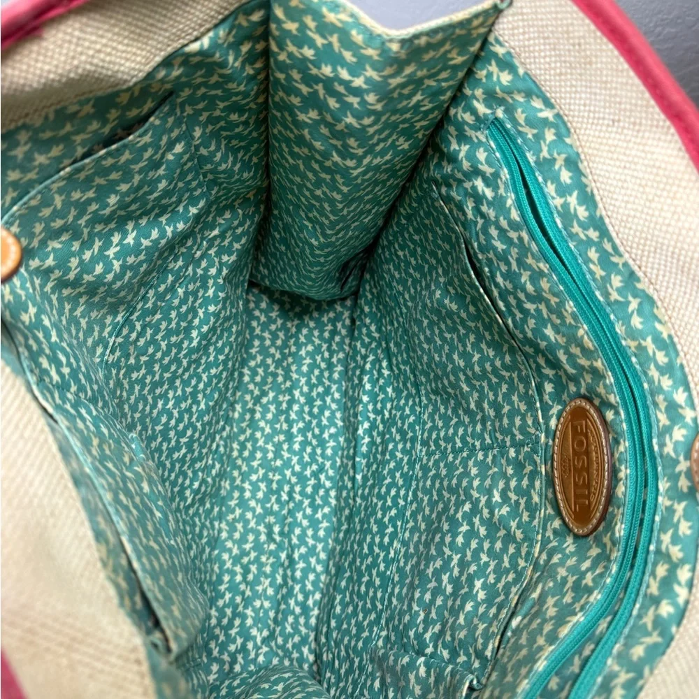 Fossil Y2K Canvas & Leather Teal Polka Dot Tote Bag